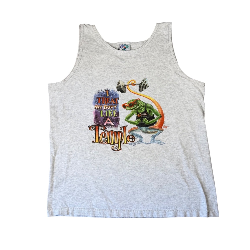 Vintage 1996 Caribbean Soul Body Like A Temple Gym Lizard Tank Top Gray XL USA